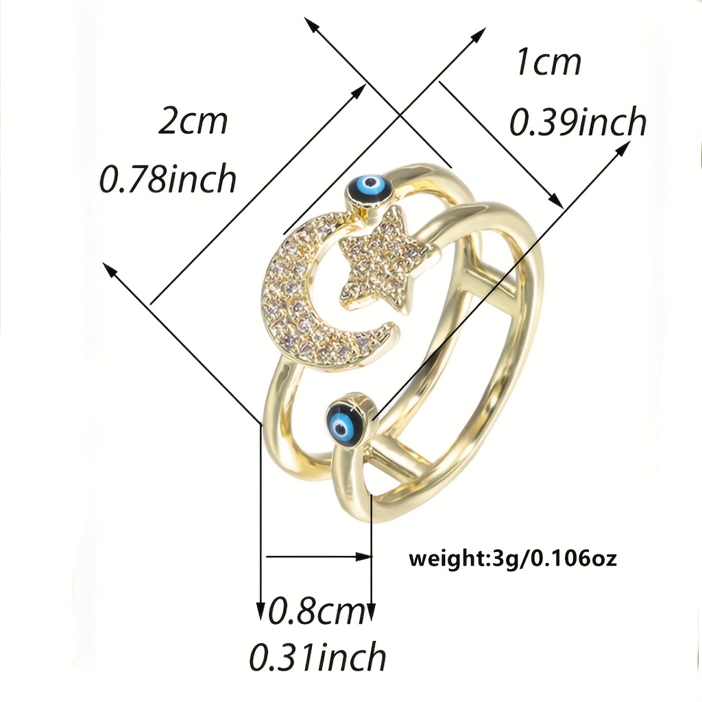 Copper Adjustable Ring with Zirconia Star and Moon for Women